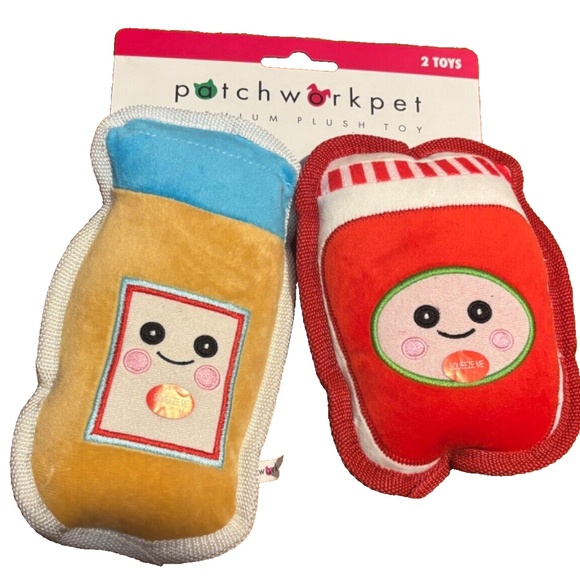 (2 toys) Patchwork Pet Peanut Butter & Jelly Plush Squeaky 7" Companion Dog Toy - Picture 1 of 1